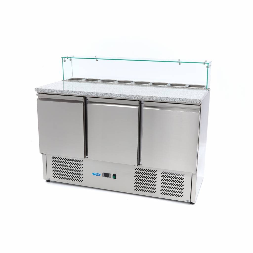 Chladnička na pizzu s 3 dveřmi - 137 cm - 400 l - včetně skleněného krytu