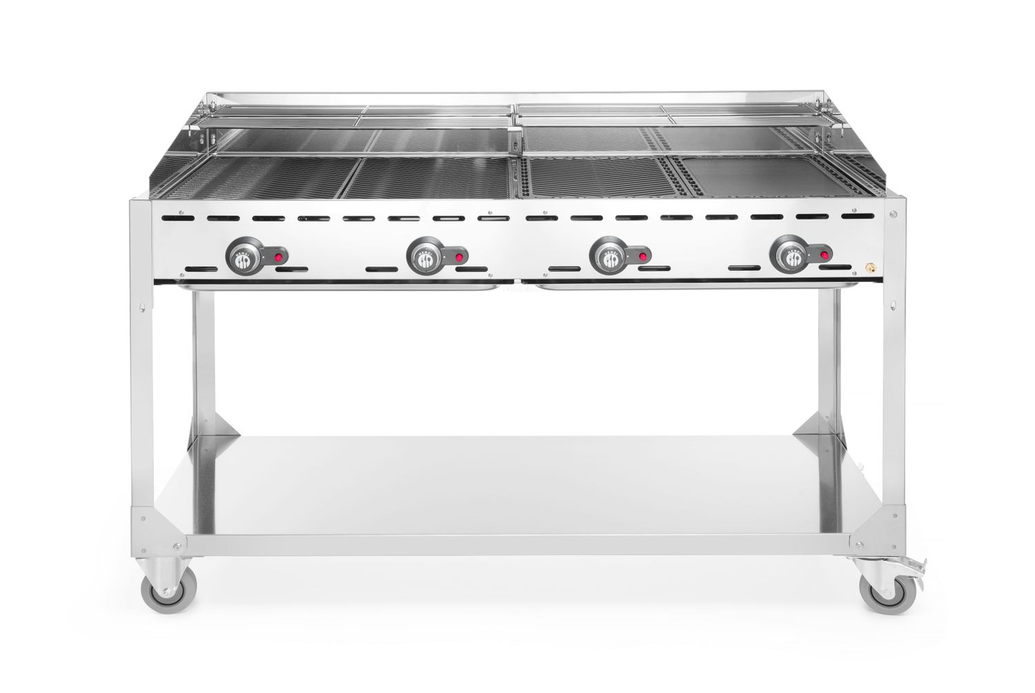 4-hořákový plynový gril Green Fire Profi Line, HENDI, Profi Line, podstavec s policí na kolečkách, Světlešedá, 22kW, 1400x612x(H)825mm