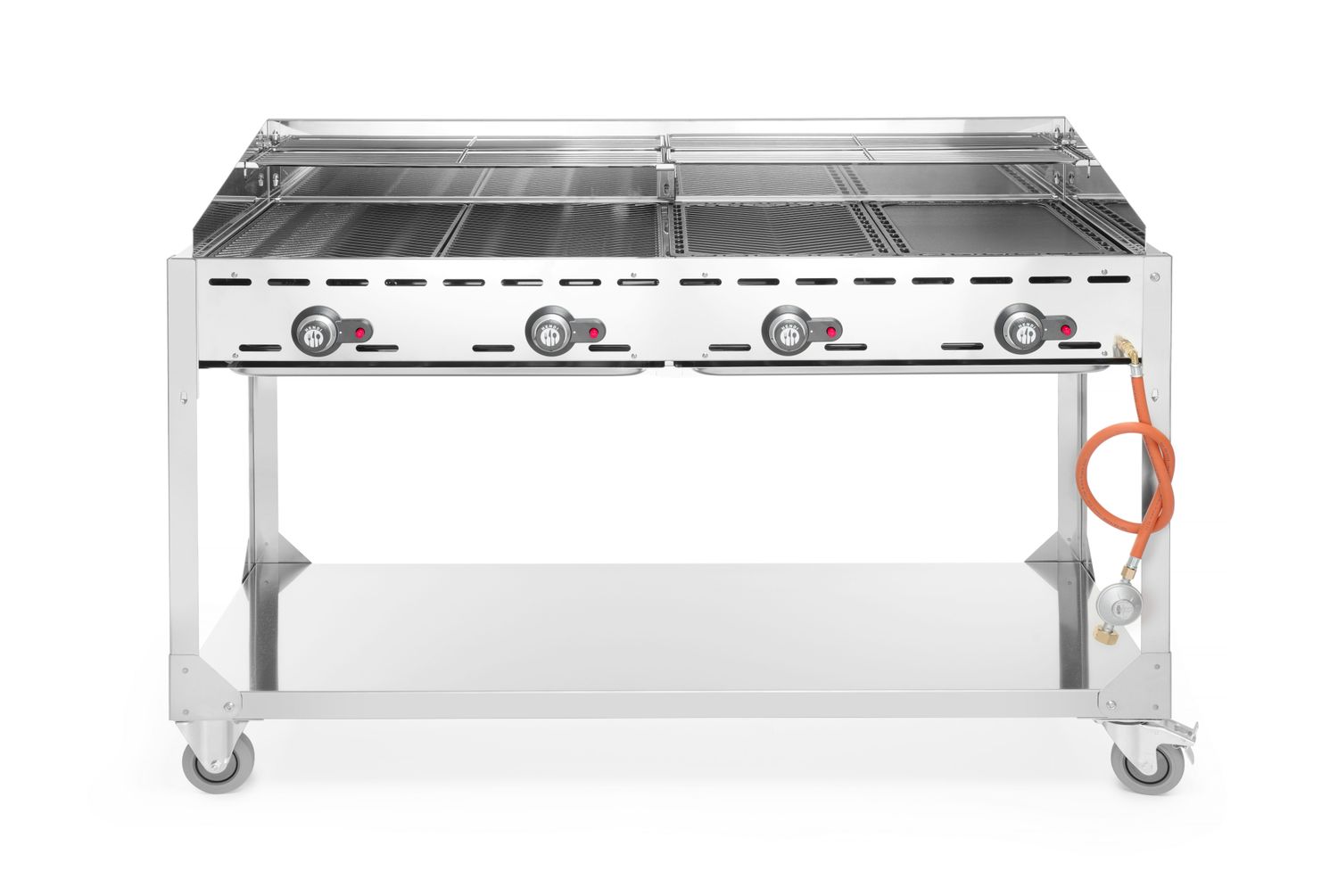 4-hořákový plynový gril Green Fire Profi Line, HENDI, Profi Line, podstavec s policí na kolečkách, Světlešedá, 22kW, 1400x612x(H)825mm