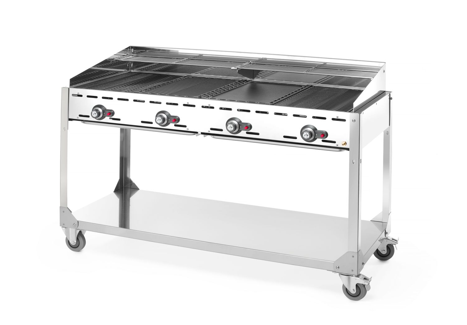 4-hořákový plynový gril Green Fire Profi Line, HENDI, Profi Line, podstavec s policí na kolečkách, Světlešedá, 22kW, 1400x612x(H)825mm