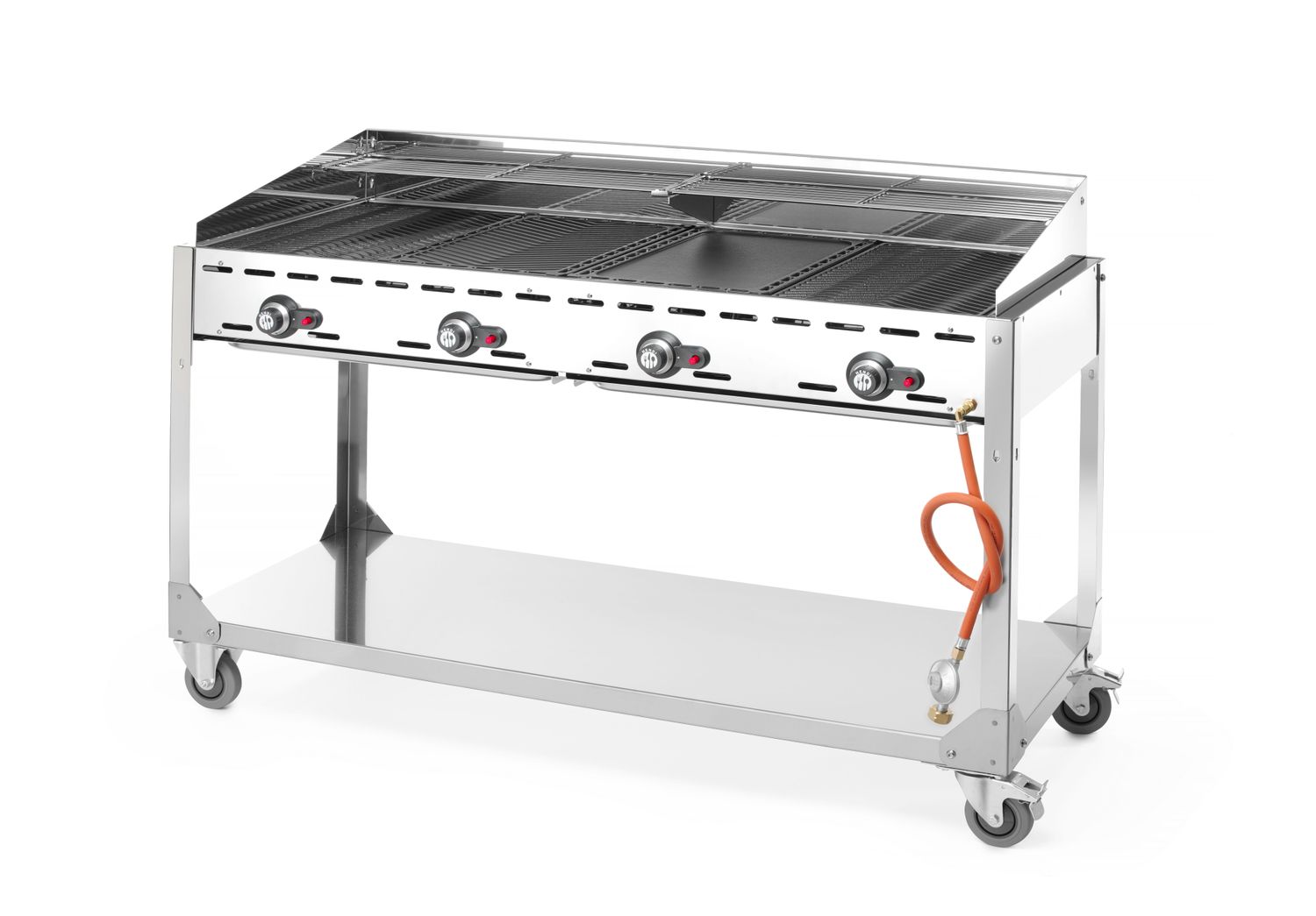 4-hořákový plynový gril Green Fire Profi Line, HENDI, Profi Line, podstavec s policí na kolečkách, Světlešedá, 22kW, 1400x612x(H)825mm