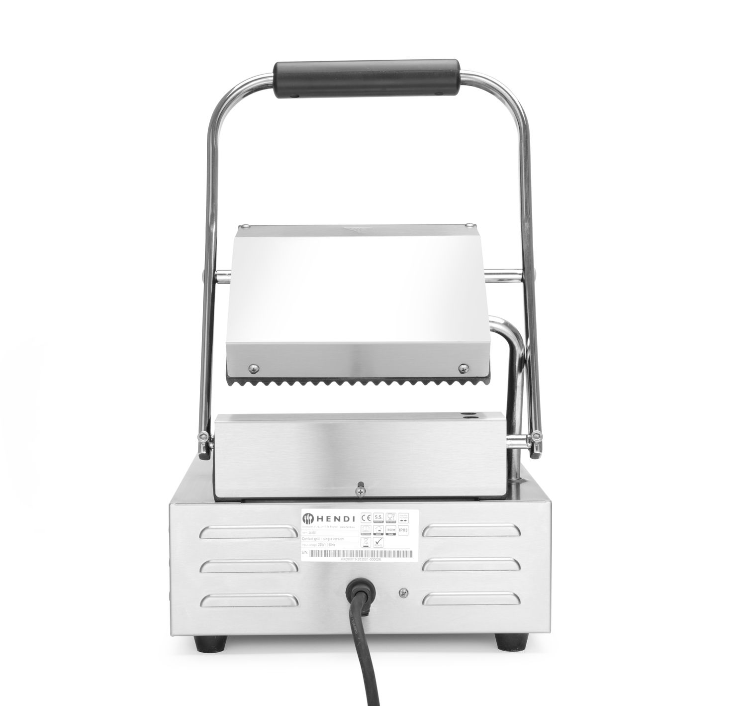 Jednoduchý kontaktní gril, HENDI, drážkovaný vrch a spodek, 230V/1800W, 310x375x(H)216mm H 263501
