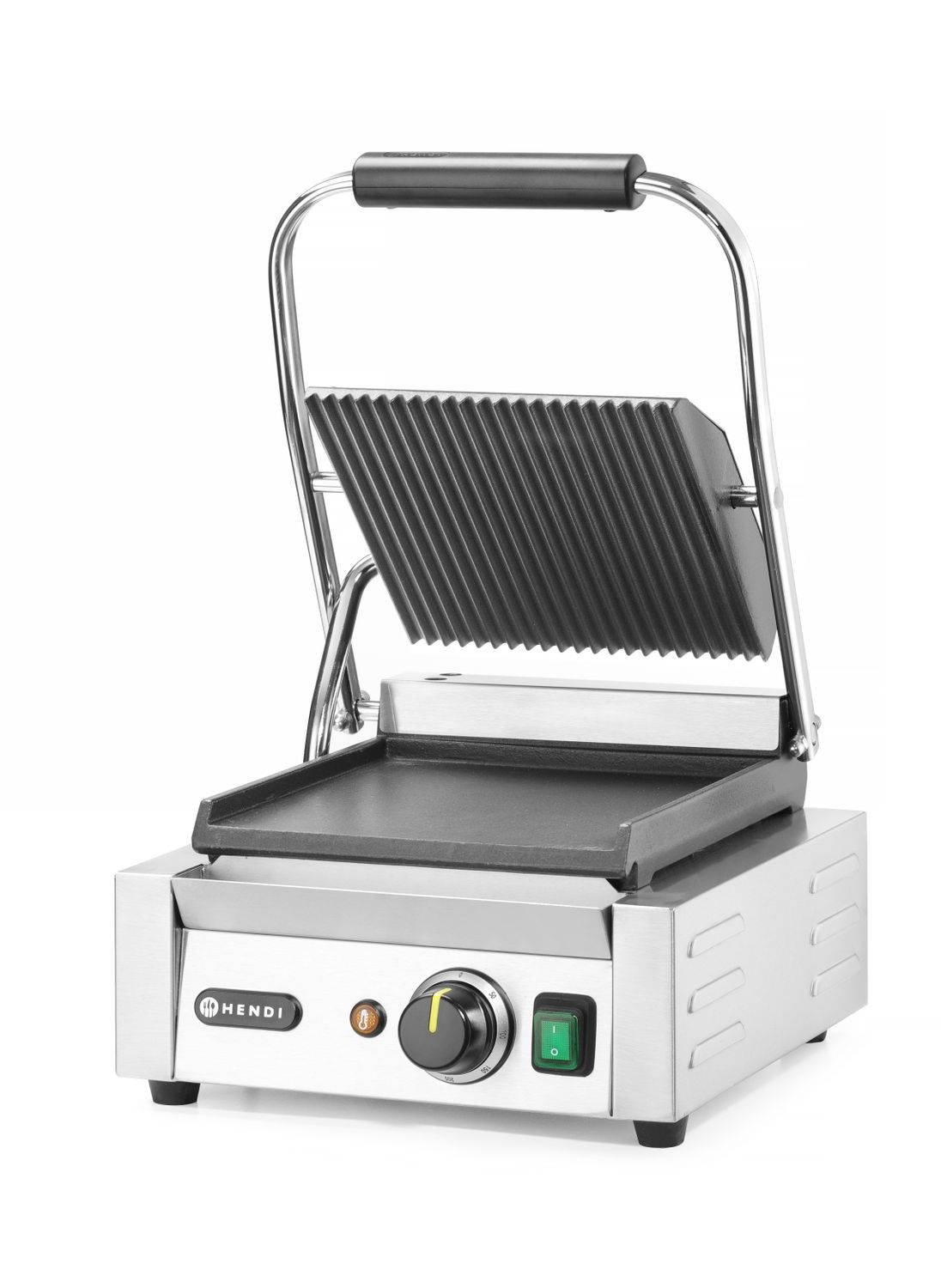 Jednoduchý kontaktní gril, HENDI, drážkovaný vrch a hladké dno, 230V/1800W, 310x375x(H)216mm H 263600