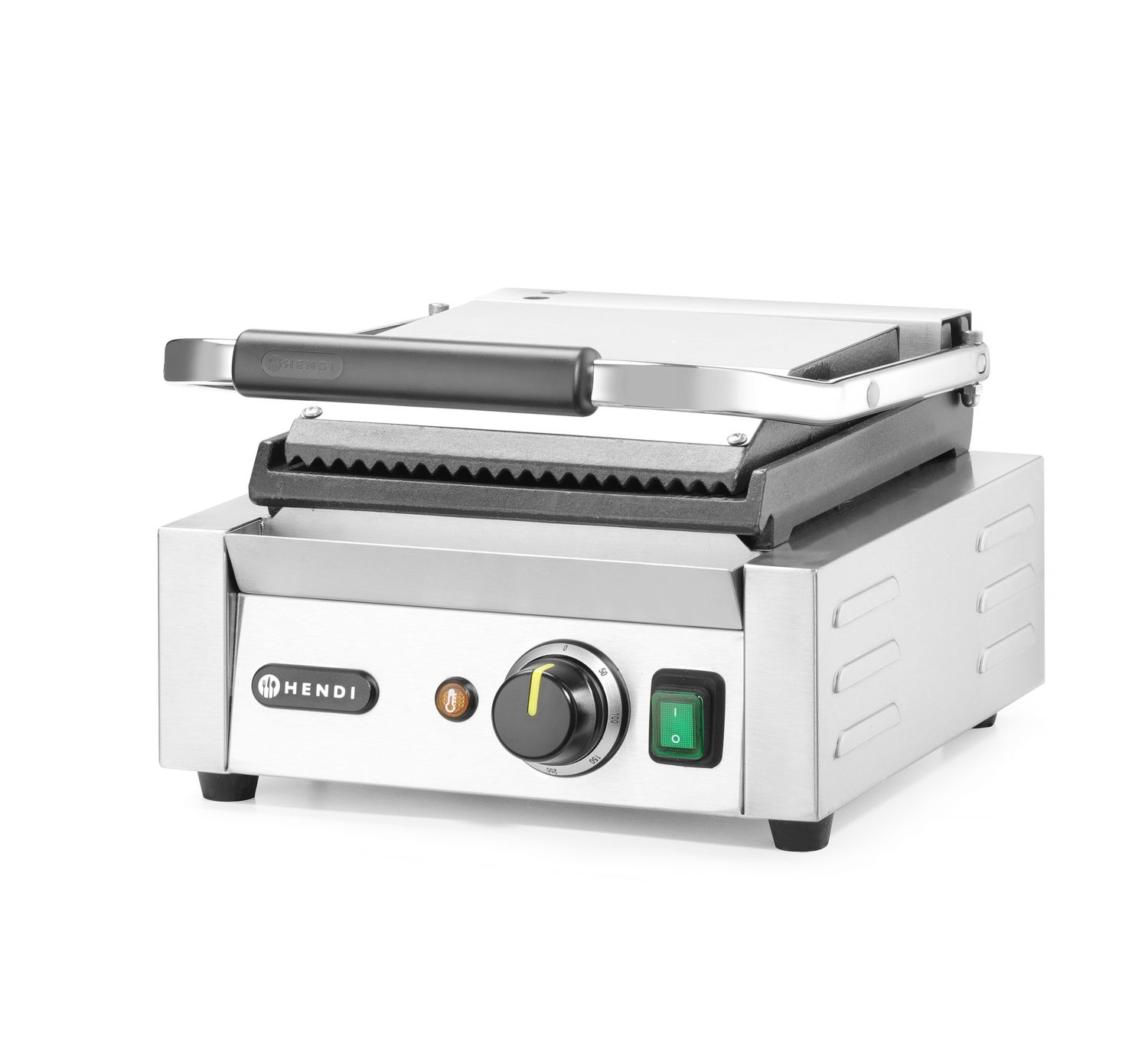 Jednoduchý kontaktní gril, HENDI, drážkovaný vrch a hladké dno, 230V/1800W, 310x375x(H)216mm H 263600