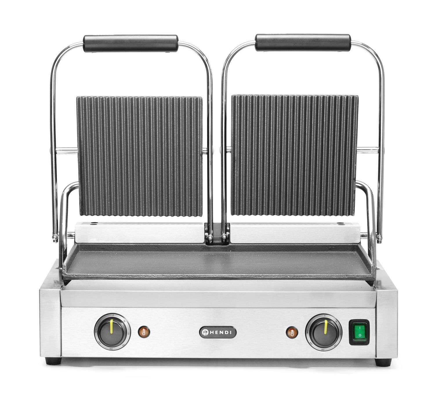Dvojitý kontaktní gril, HENDI, drážkovaný vrch a hladké dno, 230V/3600W, 570x375x(H)216mm H 263808
