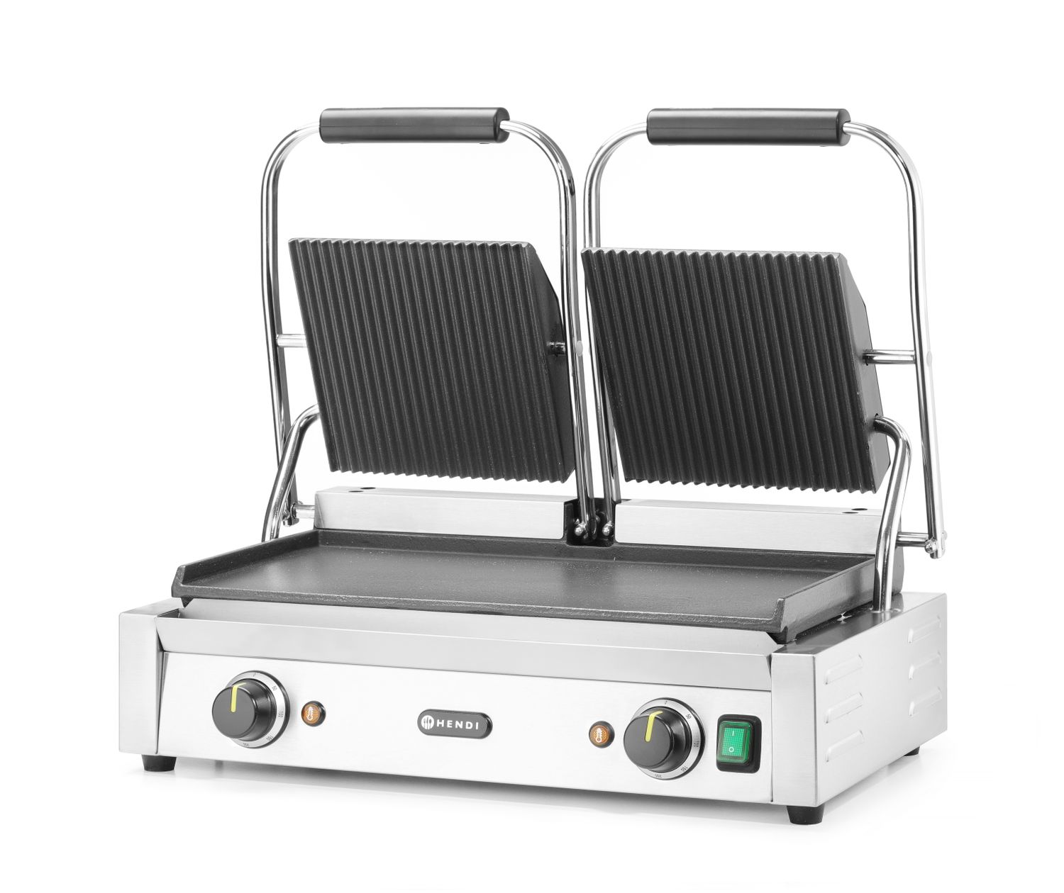 Dvojitý kontaktní gril, HENDI, drážkovaný vrch a hladké dno, 230V/3600W, 570x375x(H)216mm H 263808