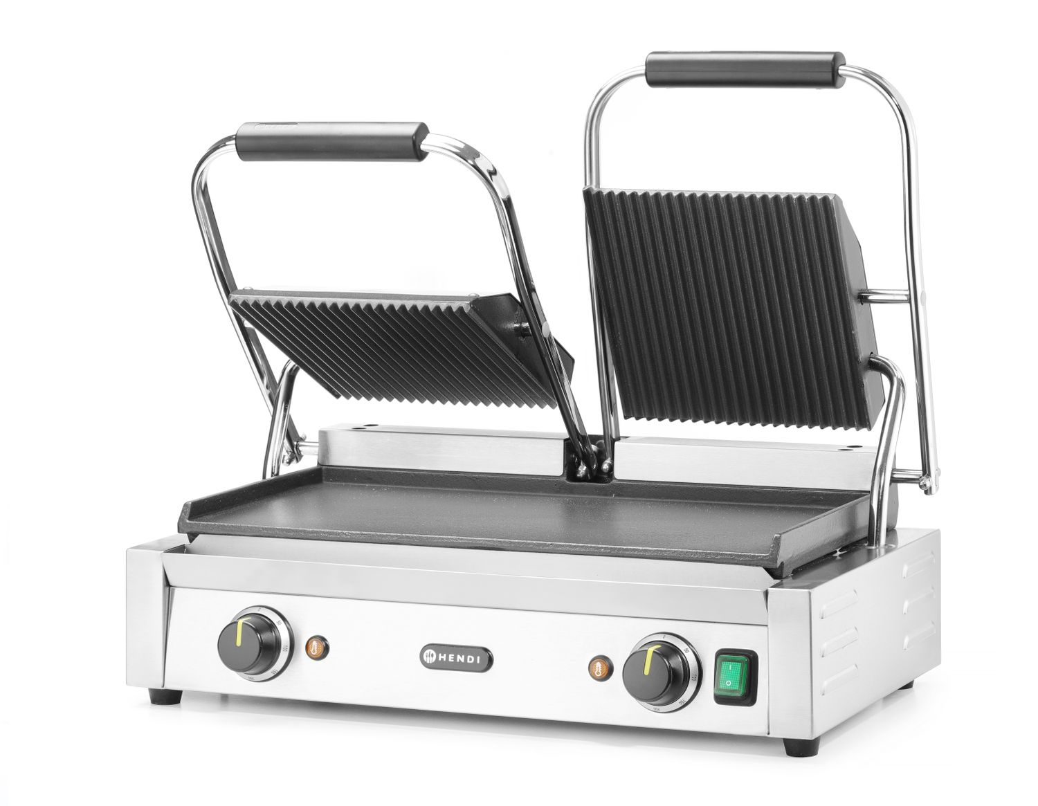 Dvojitý kontaktní gril, HENDI, drážkovaný vrch a hladké dno, 230V/3600W, 570x375x(H)216mm H 263808
