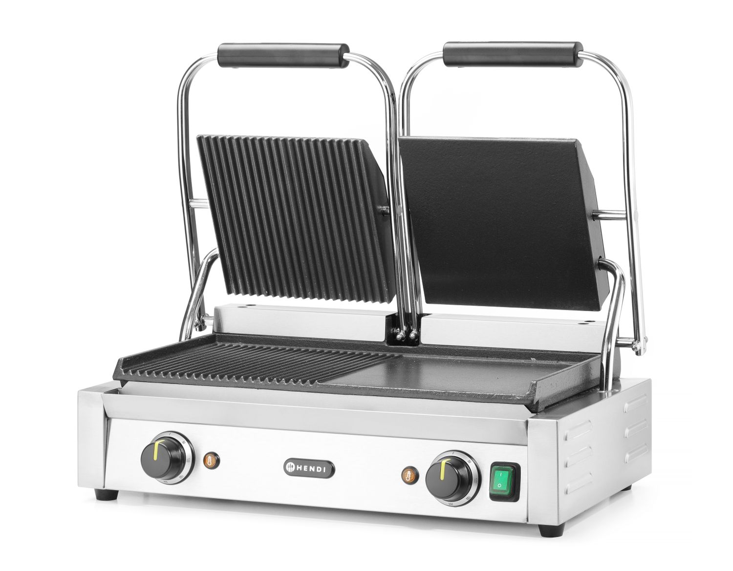 Dvojitý kontaktní gril, HENDI, napůl hladký, napůl drážkovaný, 230V/3600W, 570x375x(H)216mm H 263907