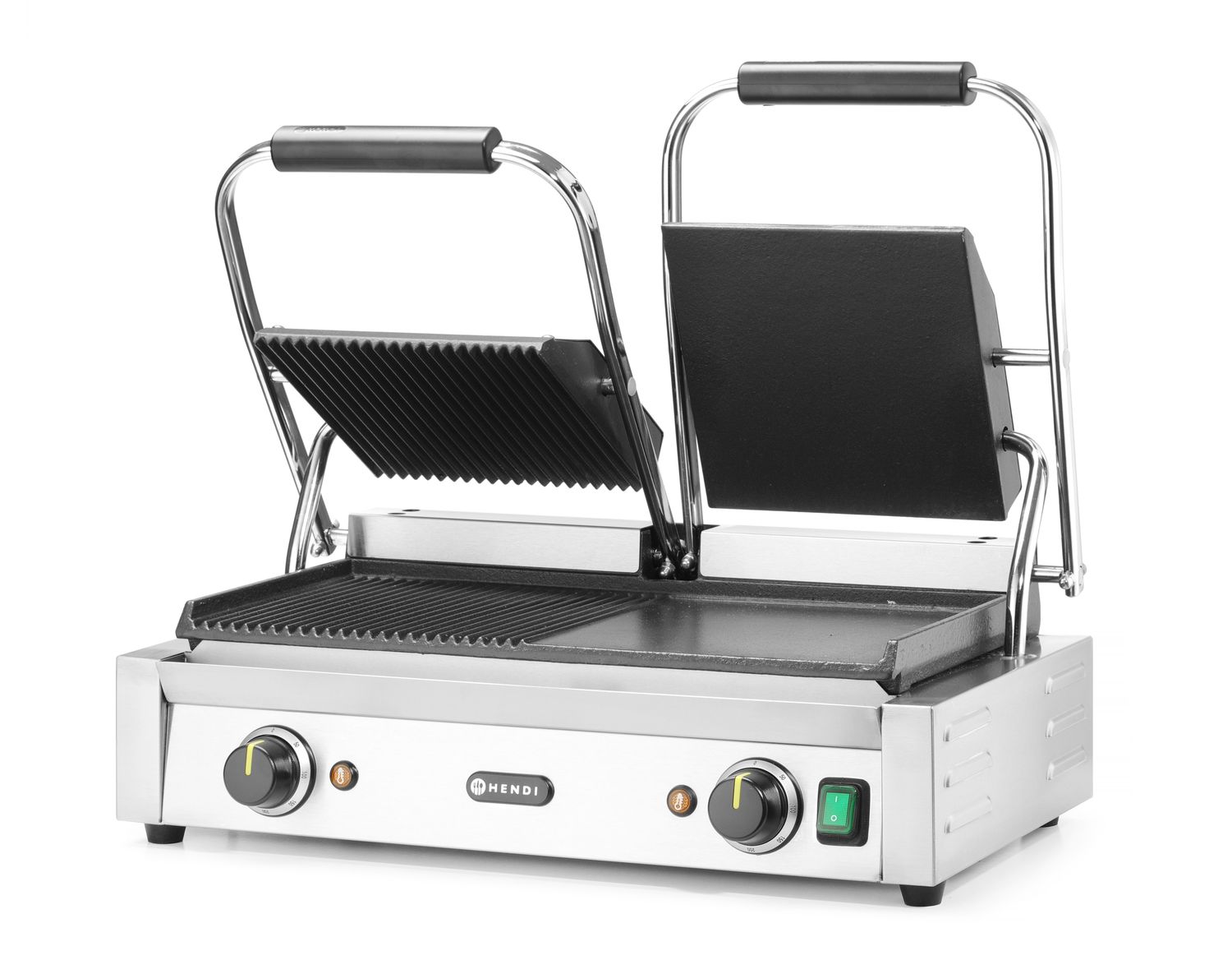 Dvojitý kontaktní gril, HENDI, napůl hladký, napůl drážkovaný, 230V/3600W, 570x375x(H)216mm H 263907