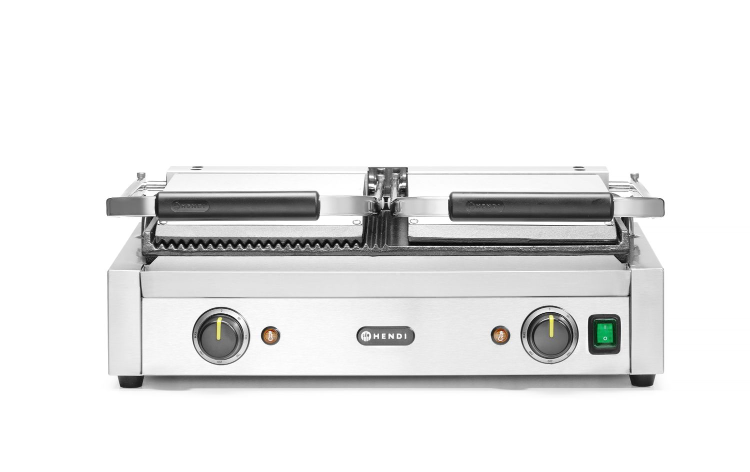 Dvojitý kontaktní gril, HENDI, napůl hladký, napůl drážkovaný, 230V/3600W, 570x375x(H)216mm H 263907