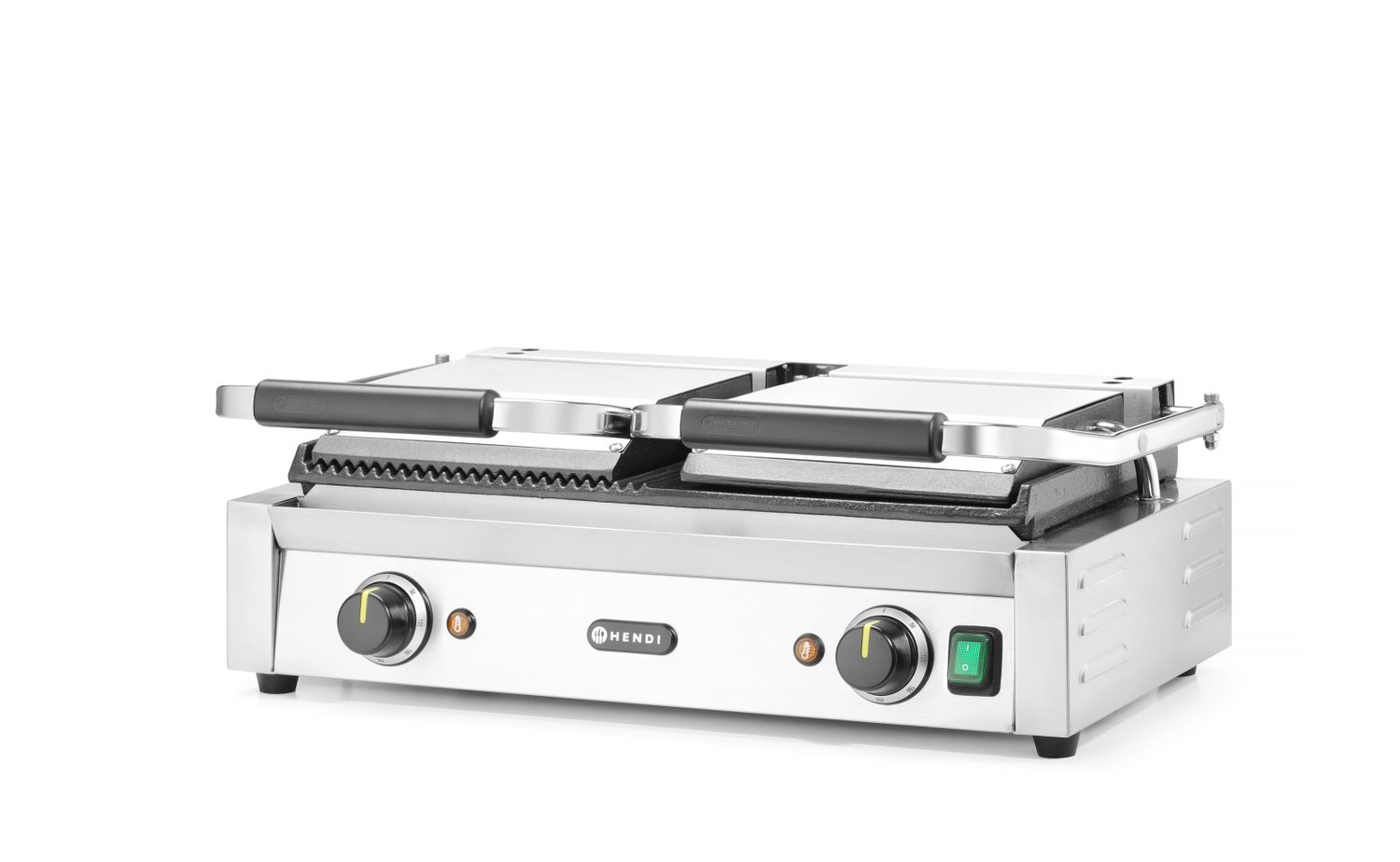 Dvojitý kontaktní gril, HENDI, napůl hladký, napůl drážkovaný, 230V/3600W, 570x375x(H)216mm H 263907