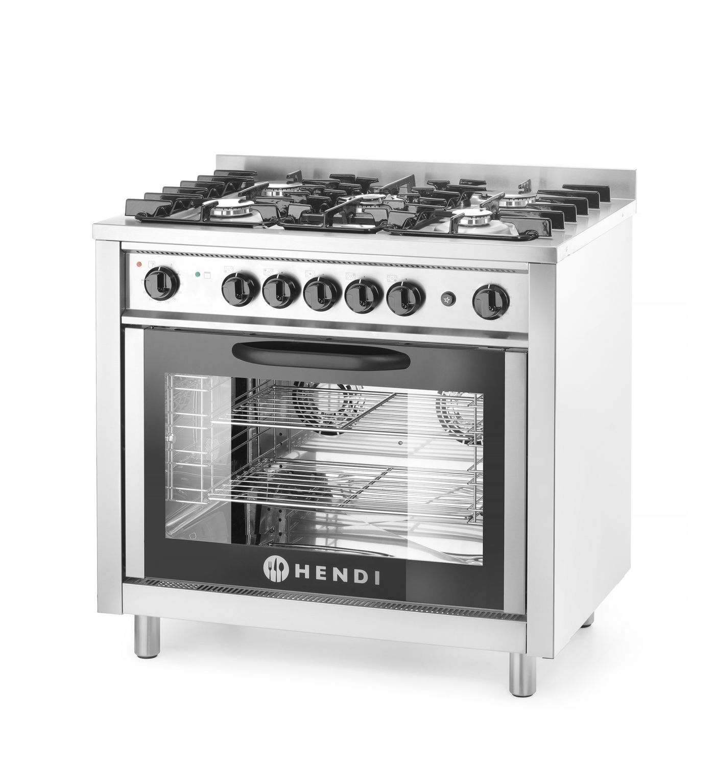 Plynový sporák – 5 hořáků s elektrickou troubou, HENDI, Kitchen Line, Stříbrná, 230V/2900W, 14,3kW, 900x653x(H)900mm 225707