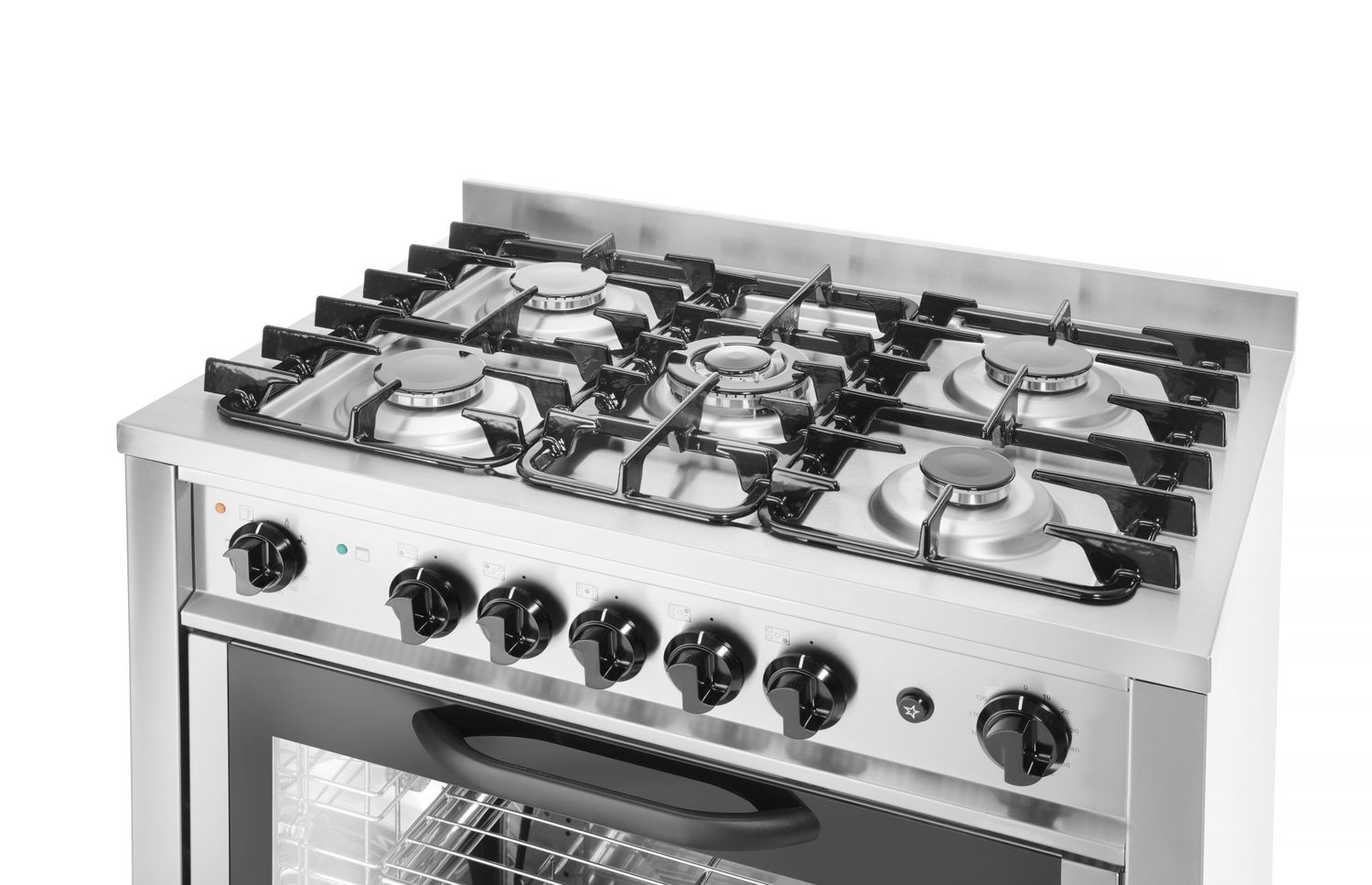 Plynový sporák – 5 hořáků s elektrickou troubou, HENDI, Kitchen Line, Stříbrná, 230V/2900W, 14,3kW, 900x653x(H)900mm 225707