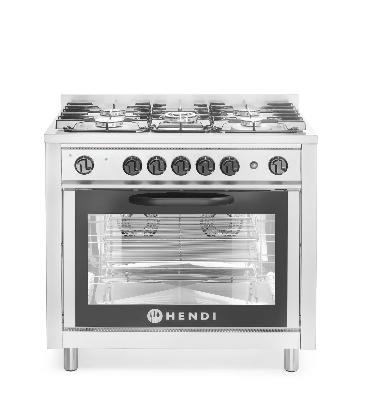 Plynový sporák – 5 hořáků s elektrickou troubou, HENDI, Kitchen Line, Stříbrná, 230V/2900W, 14,3kW, 900x653x(H)900mm 225707